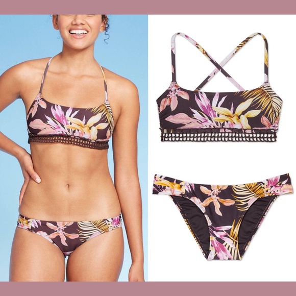 NEW Xhilaration Floral Crochet Trim Bikini Top + Hipster Bottom [‎ Small ] - Picture 2 of 13